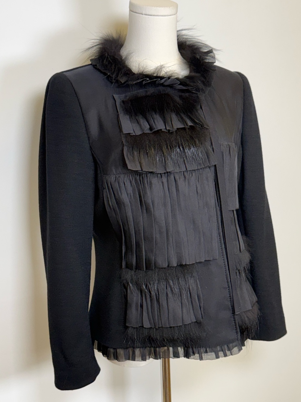 Rare! Vintage Elie TAHARI Silk & Wool Jacket Fox Fur Trim Women’s Size Medium - Picture 9 of 14